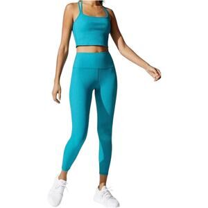 Carbon38 Set Ribbed Cami Bra Ribbed 7/8 Legging Knit Yoga Dark Teal Green L/S